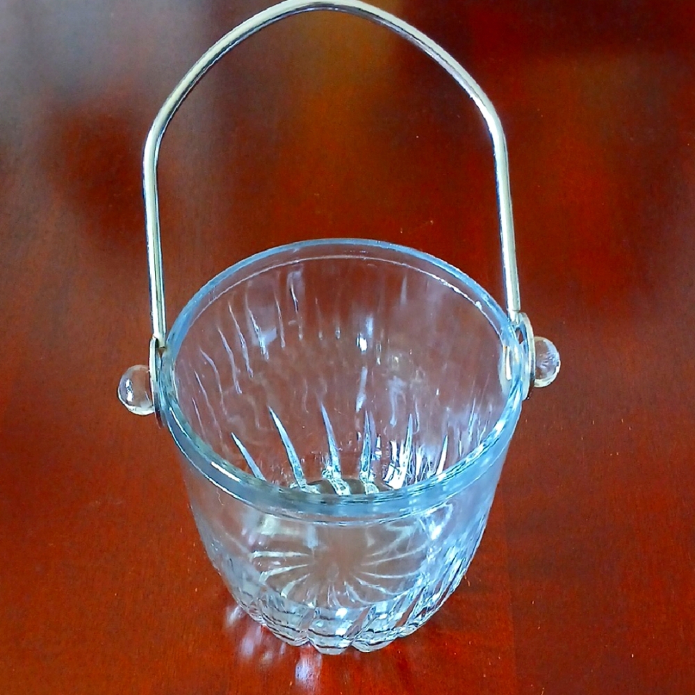Vintage Cambridge Clear Glass Ice Bucket with Silver Handle
